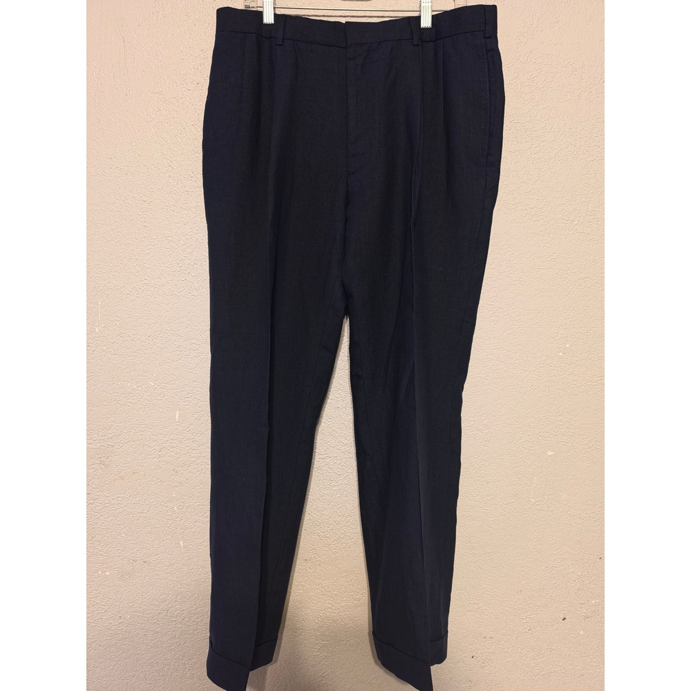Ralph Lauren Purple Label S 34 Navy Blue Linen Pleated Cuffed Pants Italy LikeNe - Picture 6 of 16